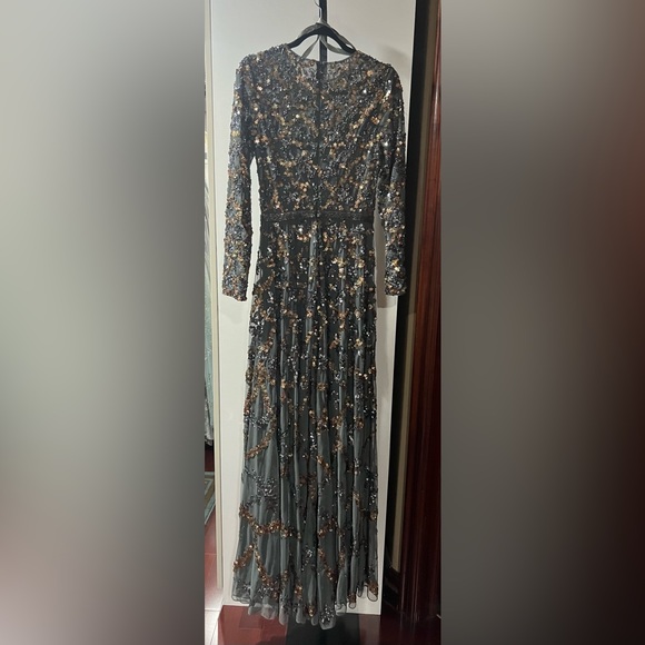 Lattice sequined illusion neckline long sleeve A-line gown - Picture 7 of 12